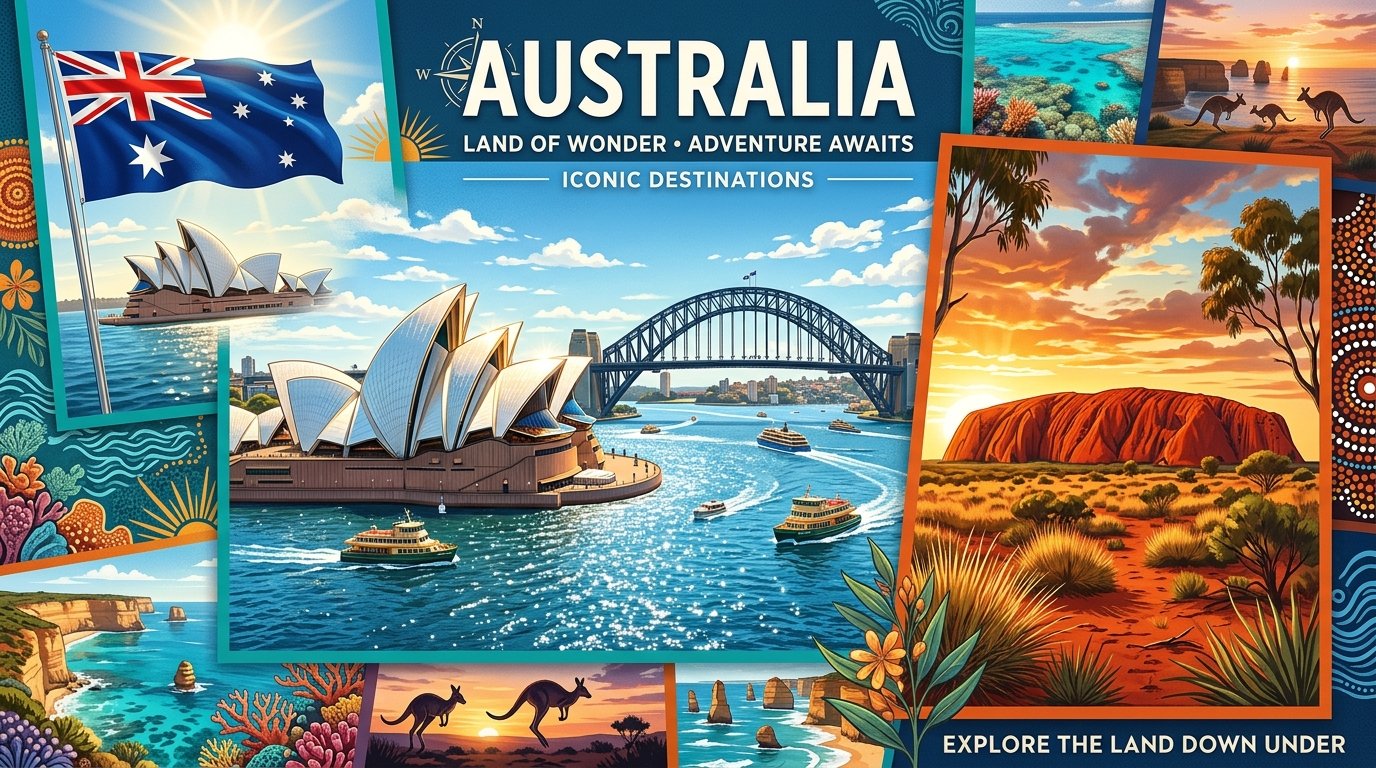 Australia national flag and iconic monuments: Sydney Opera House · Harbour Bridge · Uluru
