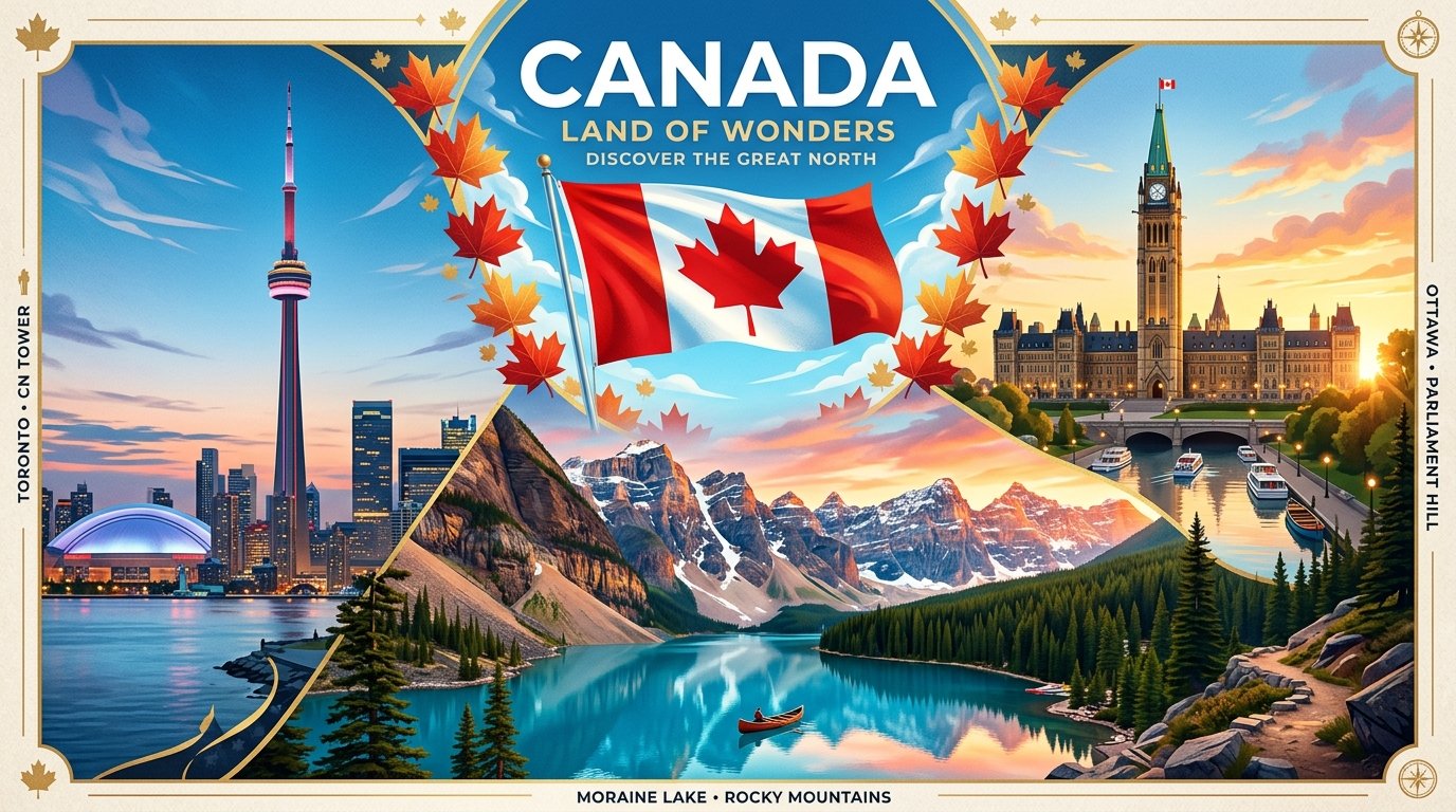 Canada national flag and iconic monuments: CN Tower · Parliament Hill · Rocky Mountains