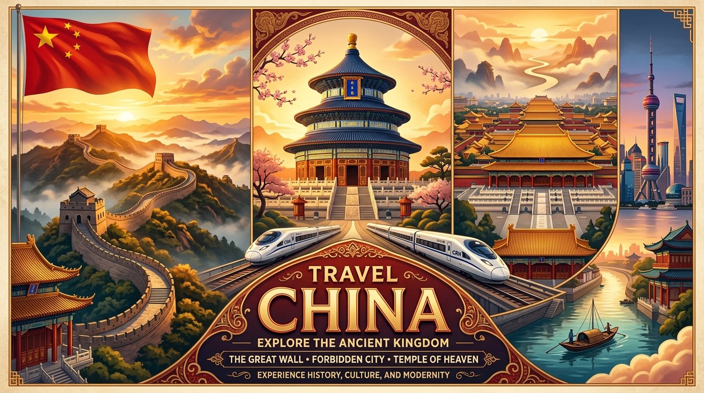 China national flag and iconic monuments: Great Wall of China · Forbidden City · Temple of Heaven
