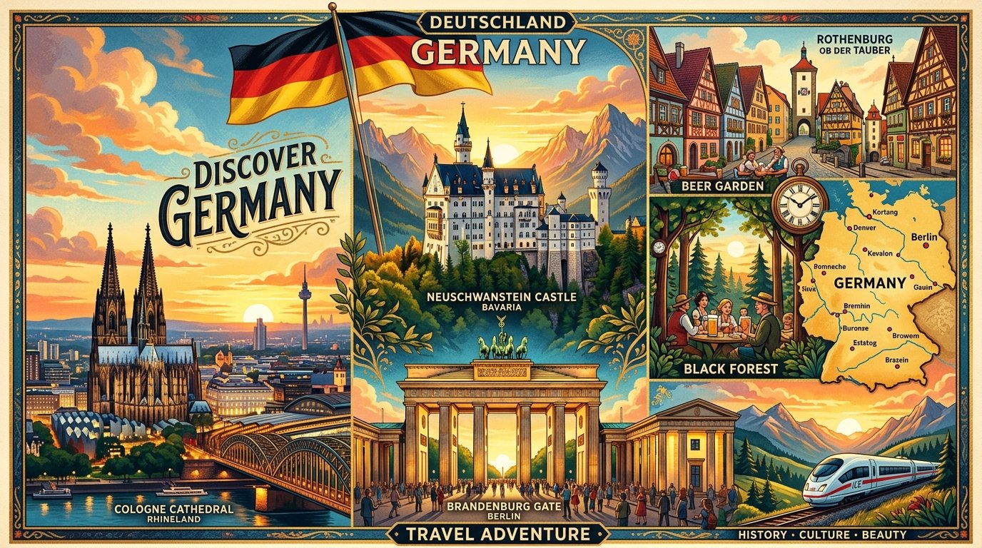 Germany national flag and iconic monuments: Brandenburg Gate · Neuschwanstein Castle · Cologne Cathedral