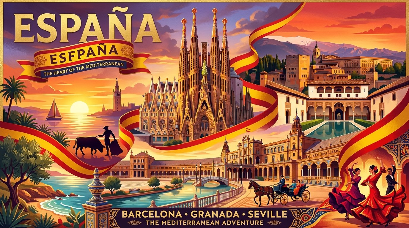 Spain national flag and iconic monuments: Sagrada Família · Alhambra Palace · Plaza de España