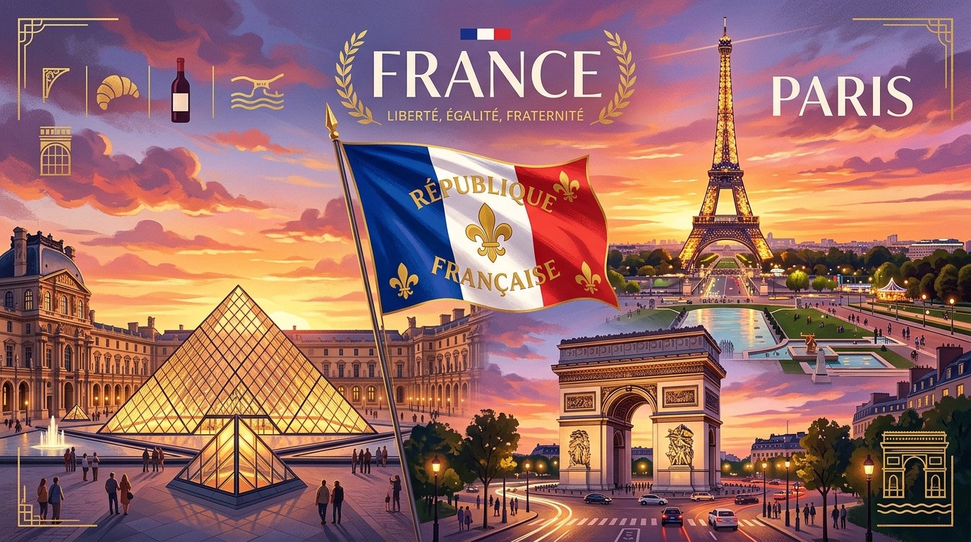France national flag and iconic monuments: Eiffel Tower · Arc de Triomphe · Louvre Museum
