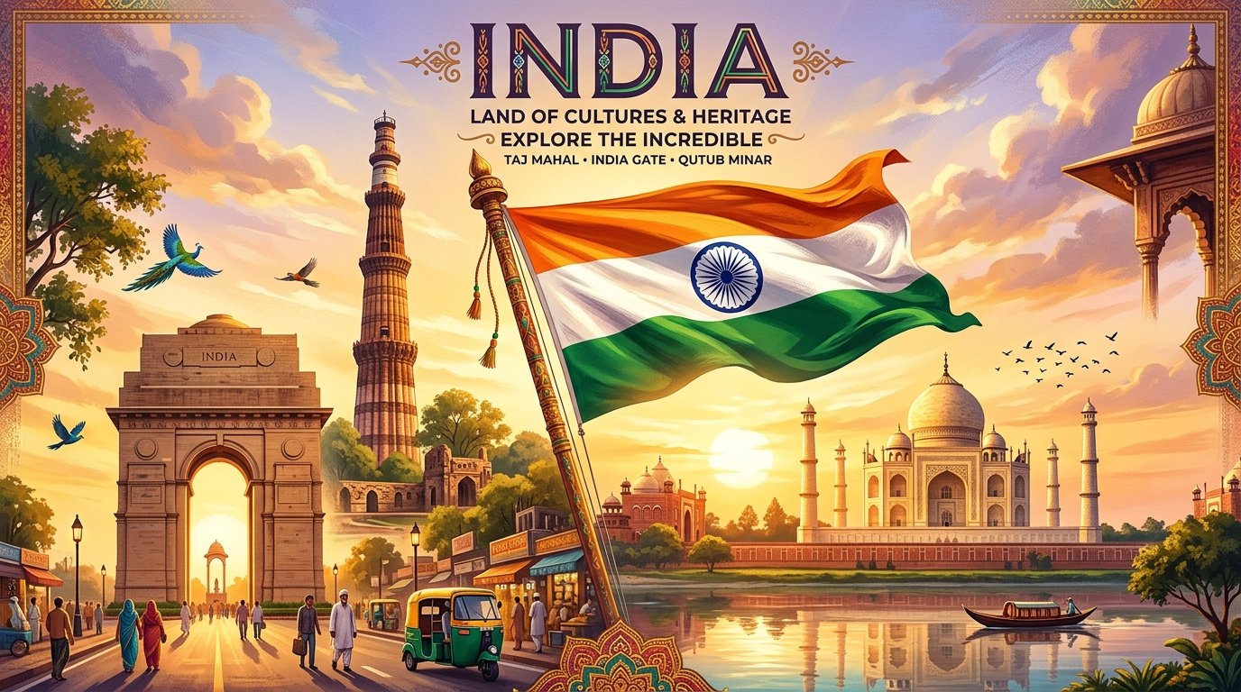 India national flag and iconic monuments: Taj Mahal · India Gate · Qutub Minar