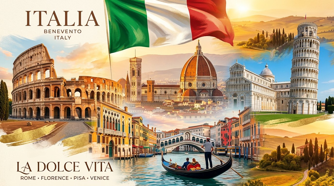 Italy national flag and iconic monuments: Colosseum · Leaning Tower of Pisa · Florence Duomo