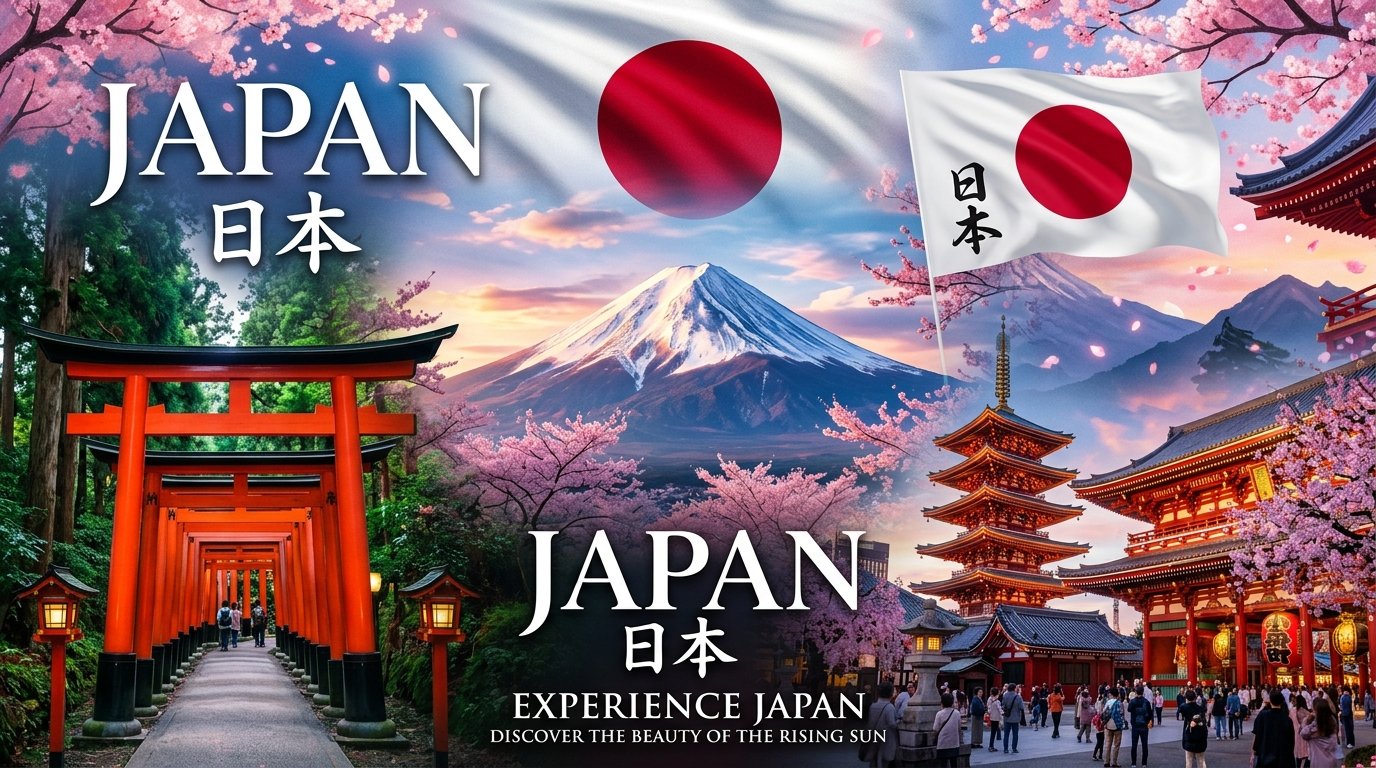 Japan national flag and iconic monuments: Mount Fuji · Fushimi Inari Torii · Senso-ji Pagoda