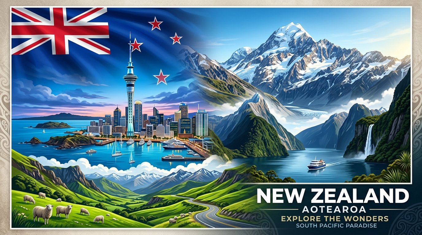 New Zealand national flag and iconic monuments: Milford Sound · Auckland Sky Tower · Mount Cook