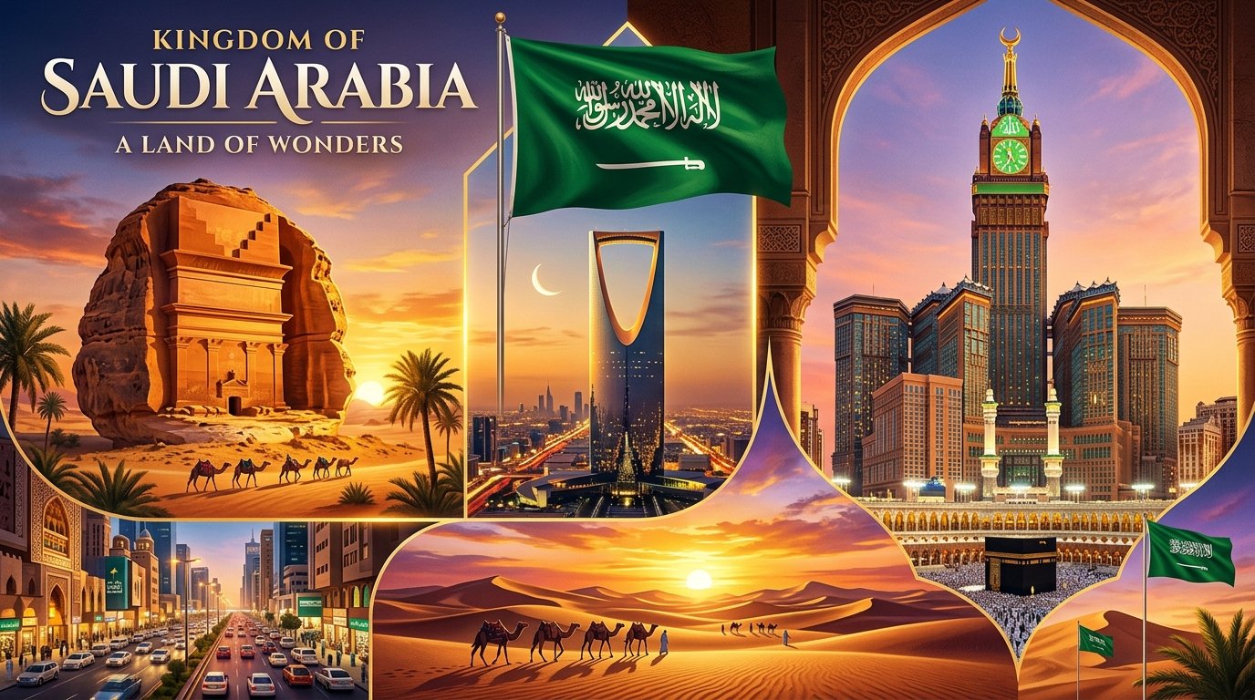 Saudi Arabia national flag and iconic monuments: Kingdom Centre · Al-Ula Hegra · Makkah Clock Tower