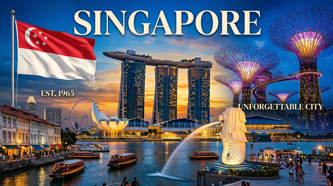Singapore national flag and iconic monuments: Marina Bay Sands · Singapore Merlion · Gardens by the Bay