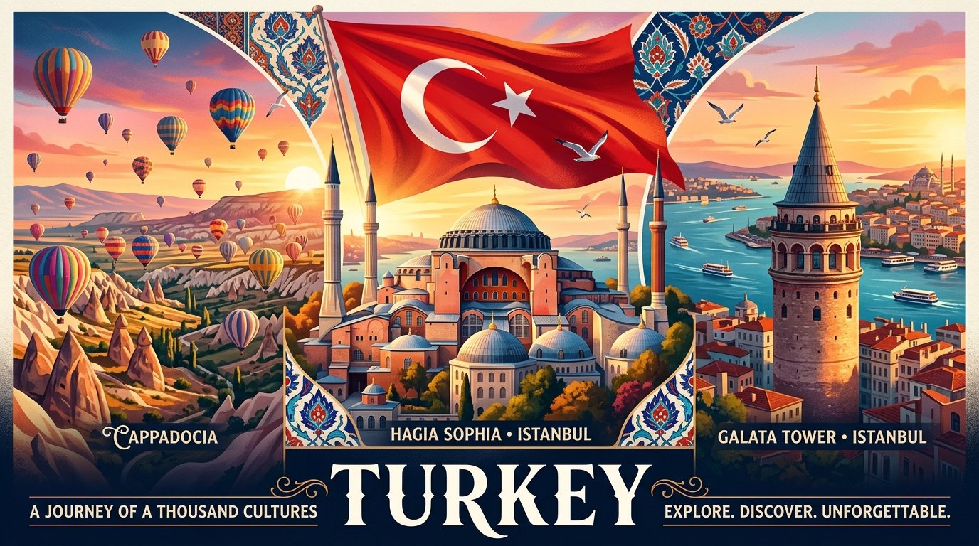 Turkey national flag and iconic monuments: Hagia Sophia · Cappadocia Balloons · Galata Tower