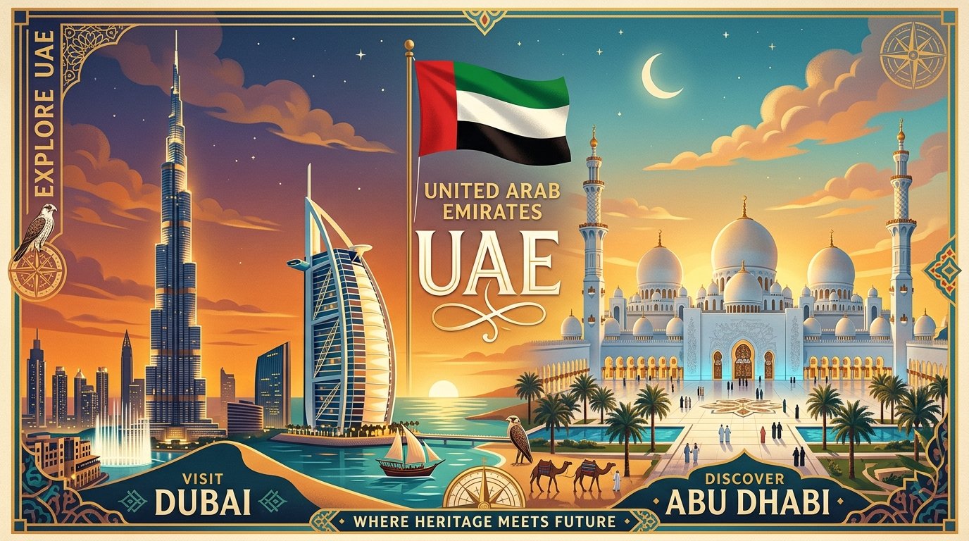 United Arab Emirates national flag and iconic monuments: Burj Khalifa · Burj Al Arab · Sheikh Zayed Mosque