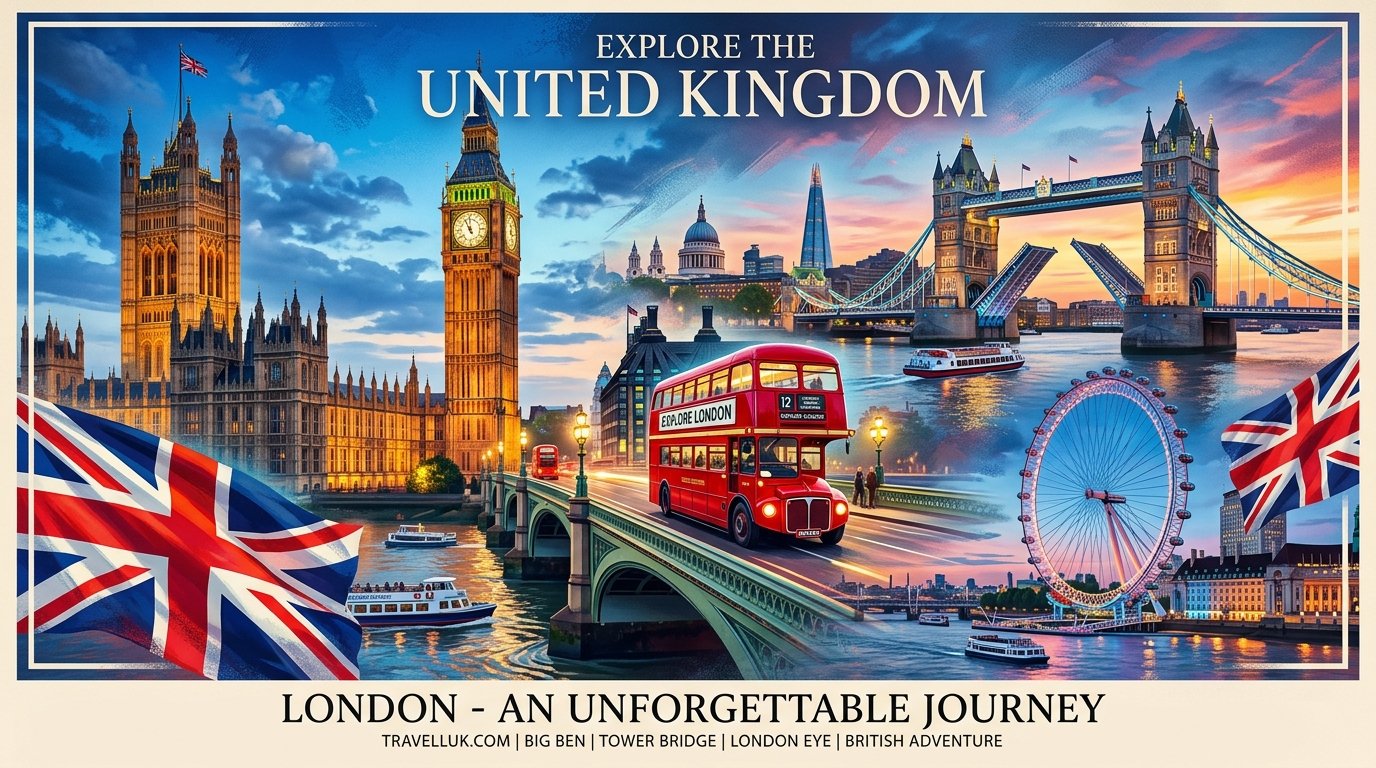 United Kingdom national flag and iconic monuments: Big Ben & Parliament · Tower Bridge · London Eye