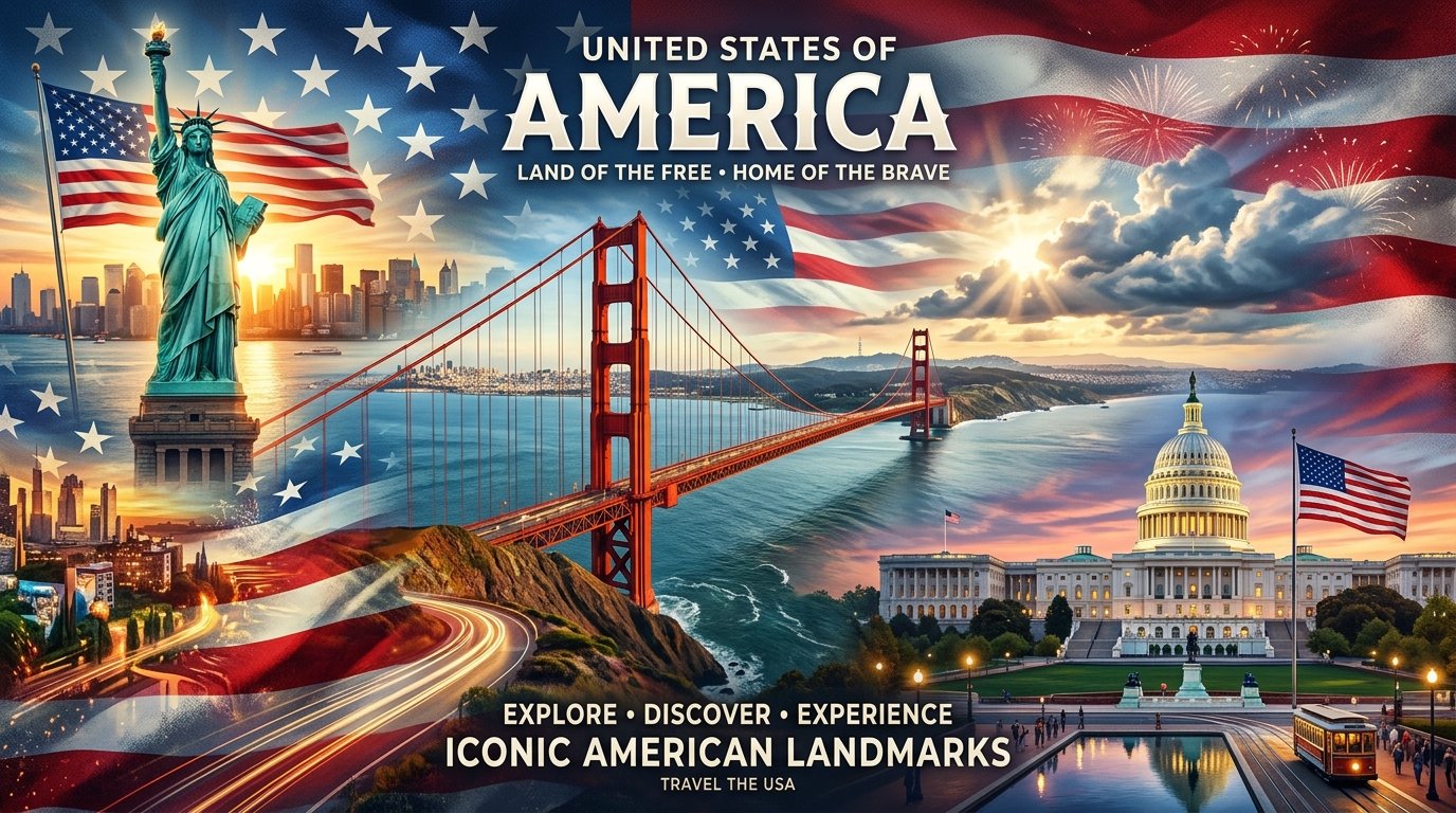 US national flag and iconic monuments: Statue of Liberty · Golden Gate Bridge · US Capitol